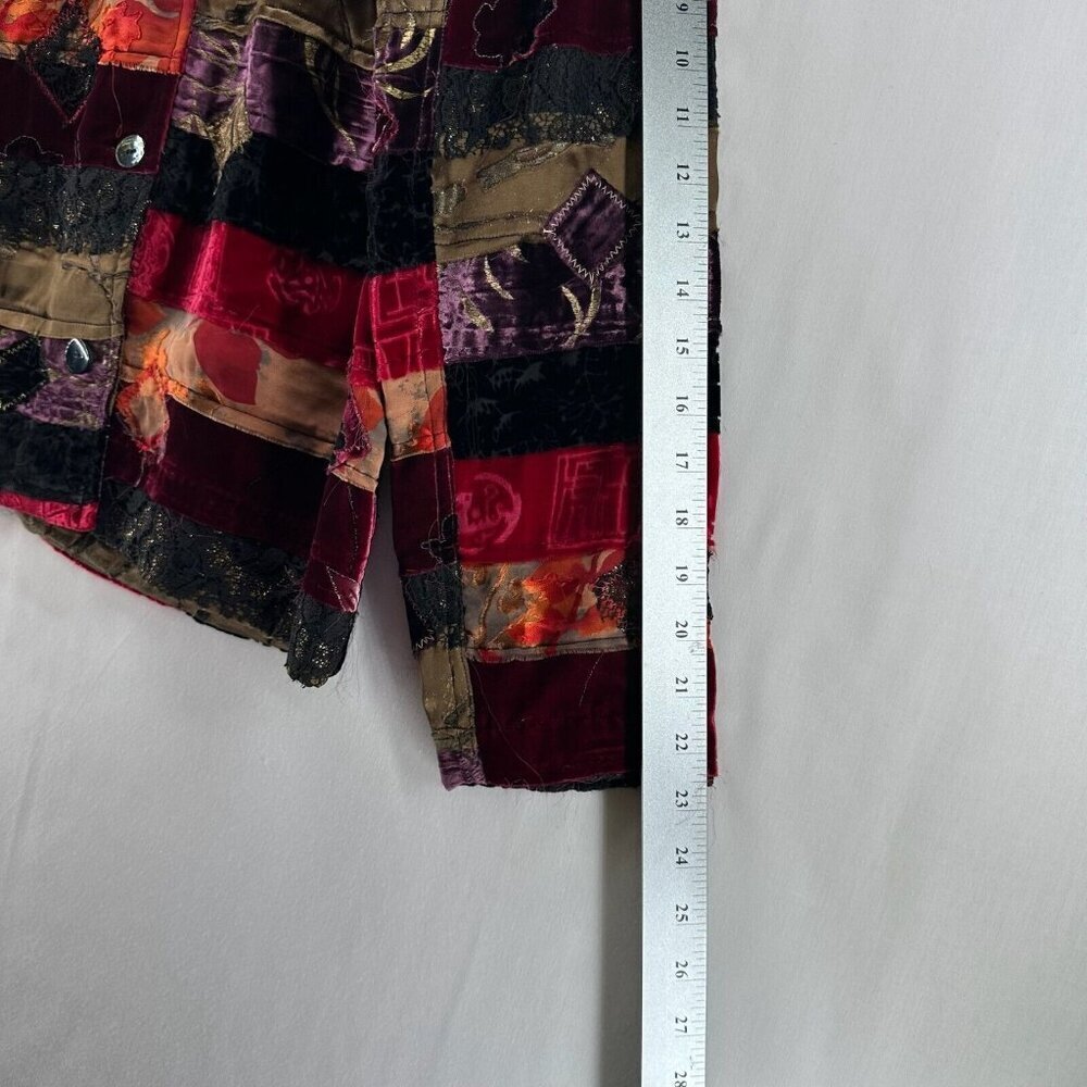 Chico's Design Jacket Size 1 M/8 Rayon Silk Velvet Patchwork Shacket Multicolor - Picture 9 of 10
